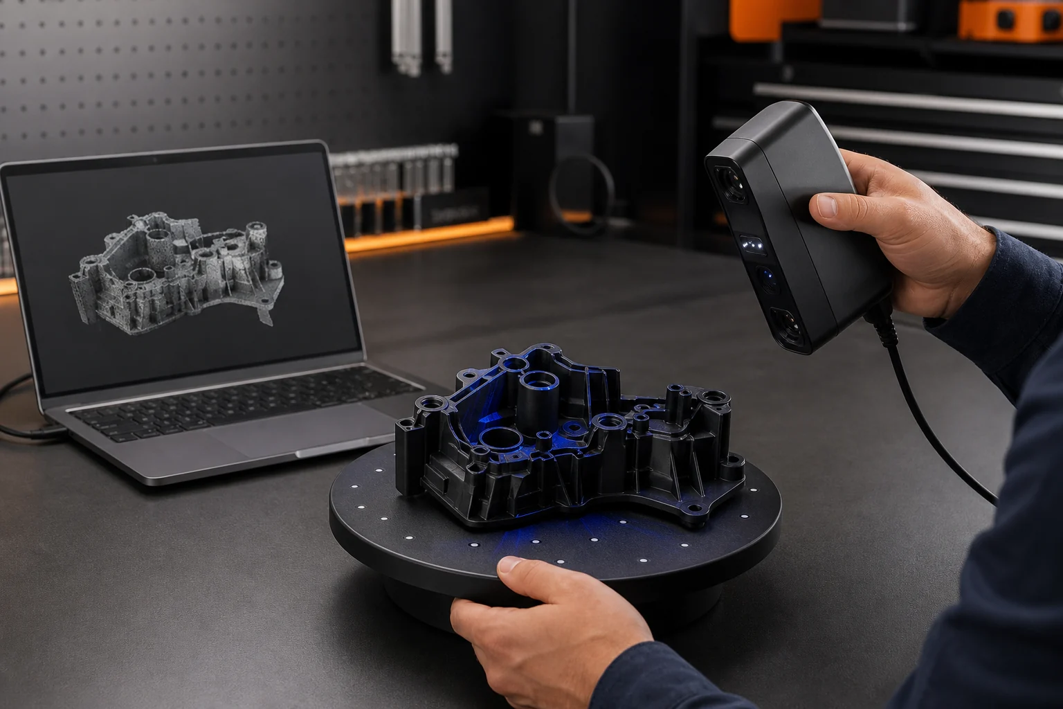 Handgeführter 3D-Scanner beim Erfassen eines technischen Bauteils