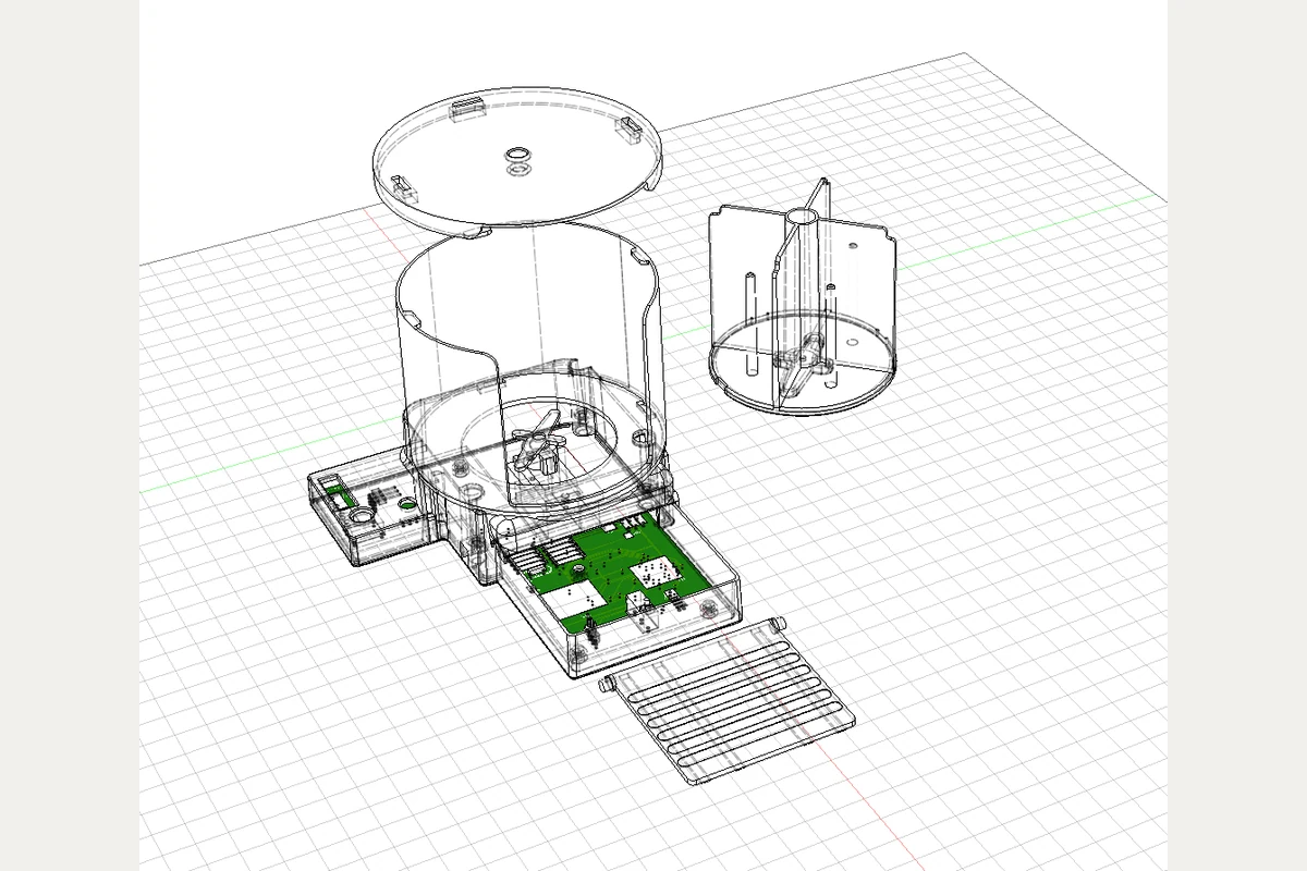 Transparente CAD-Ansicht mit Elektronik und Drehmechanik